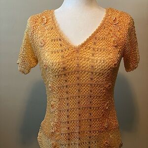 Fine yellow Embroidered Beaded Crochet round neck short sleeve top Size Small